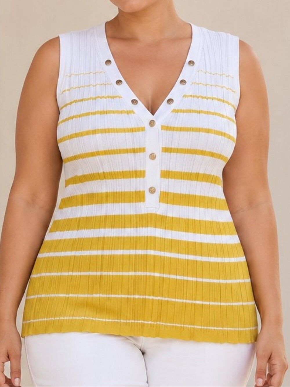 Snap Front Tank L Vneck Sleeveless Butter Yellow White Stripes Clean Girl